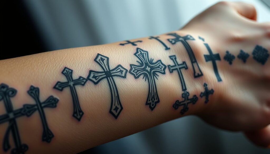 A detailed close-up of various cross tattoos on a human forearm, showcasing a range of intricate designs and styles. The crosses are depicted in diverse treatments, from simple line art to elaborate ornamental patterns, with some incorporating additional religious symbols or elements. The skin texture and tones are rendered realistically, highlighting the three-dimensional nature of the tattoos. The lighting is soft and diffused, creating a contemplative, reverent atmosphere that emphasizes the spiritual and devotional nature of the body art. The composition places the forearm at the center, allowing the viewer to closely examine the detailed craftsmanship and symbolic significance of the cross tattoos.