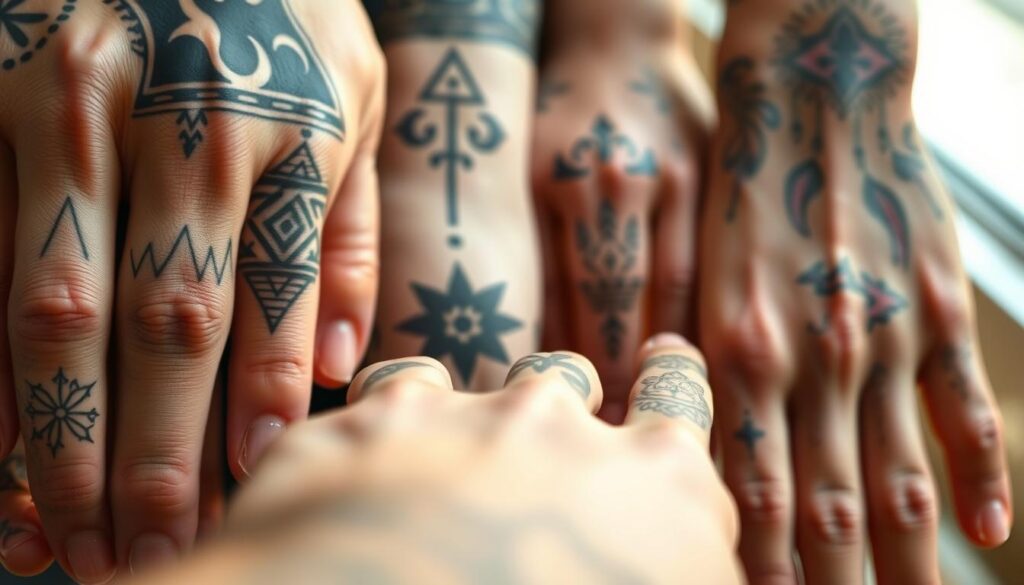 A detailed close-up of various hand tattoo styles and designs, highlighting their longevity and durability. The foreground features intricate line work, bold geometric patterns, and delicate floral motifs inked across the fingers, knuckles, and the back of the hand. The middle ground showcases the smooth, healed skin and crisp lines of the tattoos, demonstrating their lasting quality. The background is softly blurred, placing the focus on the expressive, well-crafted hand tattoos. Warm, natural lighting accentuates the depth and texture of the ink, creating a sense of depth and dimension. Captured with a macro lens for maximum detail and clarity, this image conveys the appeal and endurance of hand tattoos.
