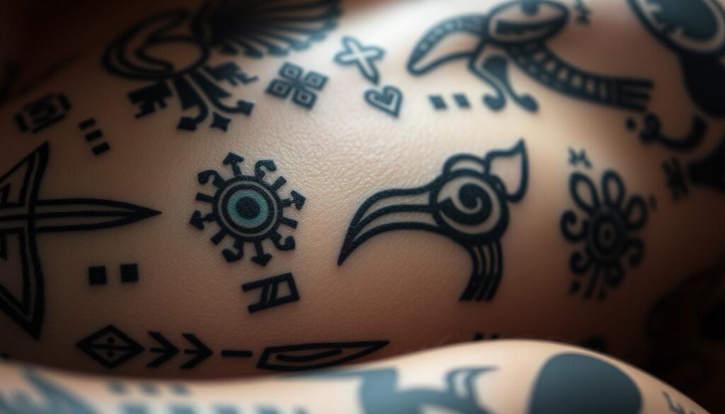 A detailed close-up of various traditional Inuit tattoo designs, showcasing the intricate patterns, symbols, and linework. The tattoos are depicted on the skin, with a muted, natural color palette that evokes the harsh yet beautiful Arctic landscape. The designs range from bold, geometric motifs to more fluid, organic patterns, reflecting the diverse artistic traditions of Inuit communities. The lighting is soft and diffused, emphasizing the delicate nature of the tattoos. The image is captured at a slightly angled, intimate perspective, drawing the viewer in to appreciate the cultural significance and artistry of these unique Inuit body markings.