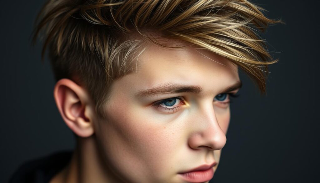 A detailed close-up portrait of a wolf cut hairstyle, showcasing the distinct layered texture and fluffy, voluminous appearance. The hair strands are styled with a messy, windswept effect, creating a dynamic and stylish look. The lighting is soft and diffused, accentuating the depth and movement of the layers. The focus is sharp on the middle and foreground, with a slightly blurred background to emphasize the subject. The overall mood is one of effortless cool and youthful energy, capturing the essence of the modern wolf cut trend.