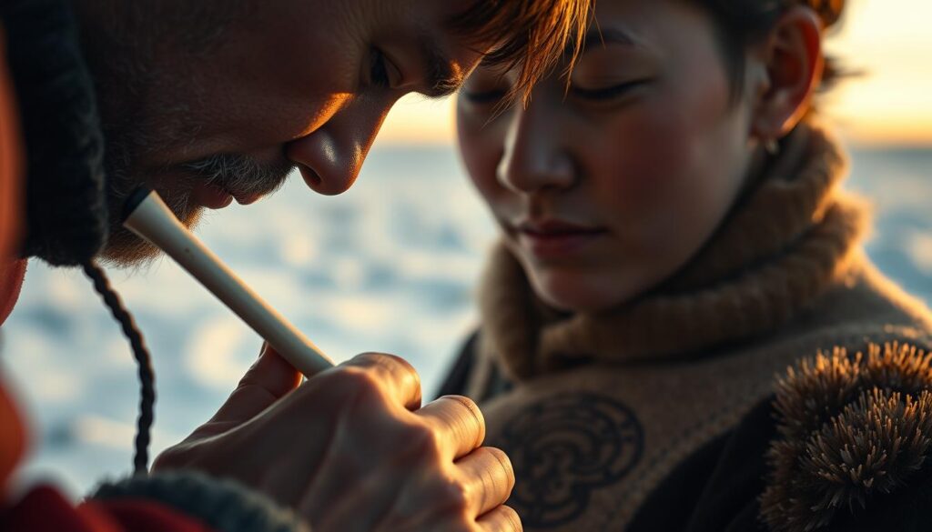 A detailed close-up scene of a traditional Inuit tattooing process. In the foreground, an Inuit artist's skilled hands delicately applying intricate designs with a traditional bone or ivory tool, creating bold, precise lines on the subject's skin. The middle ground reveals the focused expression of the tattooed individual, their face relaxed yet determined. The background softly showcases the remote, snow-covered Inuit landscape, hinting at the cultural heritage and spiritual significance of this ancient practice. Warm, muted lighting casts a gentle glow, heightening the sense of reverence and tradition. A visually striking, documentary-style image capturing the intimate, time-honored essence of Inuit tattooing techniques.