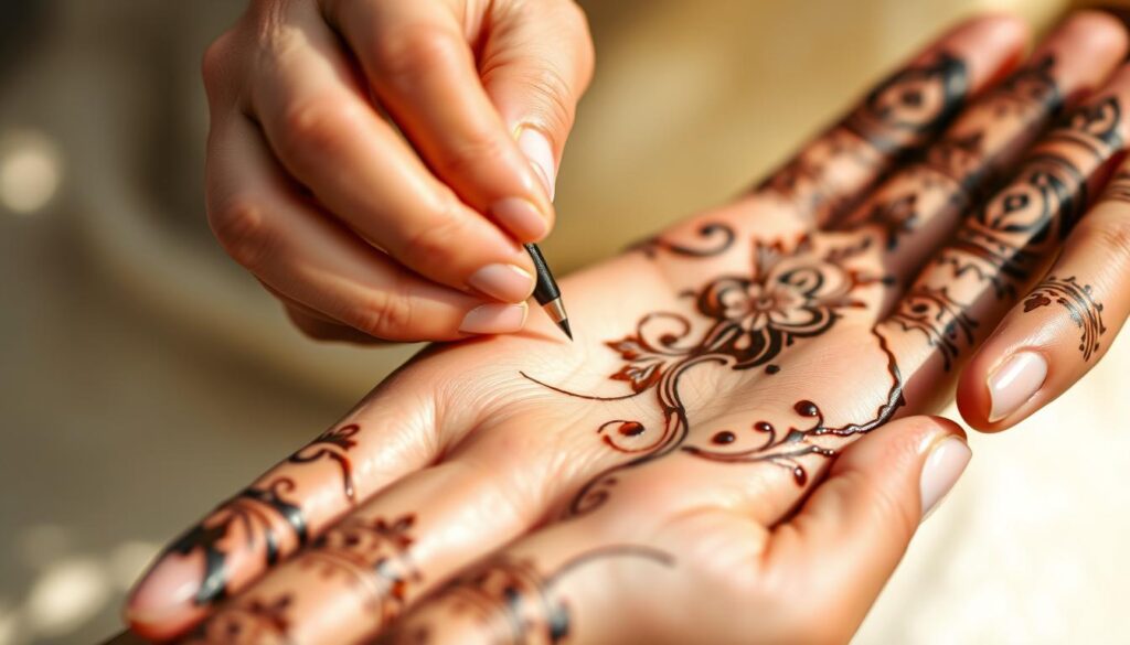 A detailed close-up shot of a hand delicately applying henna paste to the palm and fingers of another hand in a serene, natural lighting. The henna artist's movements are graceful and focused, the skin tones contrasting beautifully with the dark brown henna pattern being meticulously drawn. The background is softly blurred, highlighting the intricate process. Captured with a medium-close, slightly angled perspective to showcase the precision and artistry of henna application. A detailed close-up shot of a hand delicately applying henna paste to the palm and fingers of another hand in a serene, natural lighting. The henna artist's movements are graceful and focused, the skin tones contrasting beautifully with the dark brown henna pattern being meticulously drawn. The background is softly blurred, highlighting the intricate process. Captured with a medium-close, slightly angled perspective to showcase the precision and artistry of henna application.