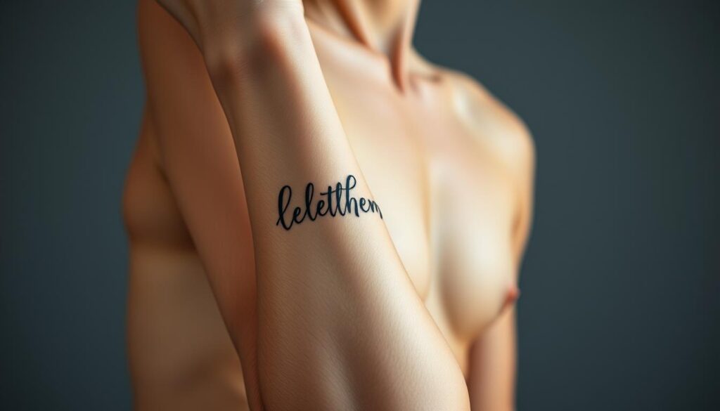 A detailed close-up shot of a human arm, showcasing various potential tattoo placement ideas for a "Let Them" themed tattoo design. The arm is positioned in an alluring, dynamic pose, highlighting the diverse canvas areas where the tattoo could be inked. The lighting is soft and flattering, accentuating the natural contours of the skin. The background is blurred, placing the focus entirely on the arm and the prospective tattoo placements, including the wrist, forearm, bicep, and shoulder. The overall mood is one of artistic exploration and self-expression, inviting the viewer to imagine the creative possibilities of this distinctive tattoo concept.