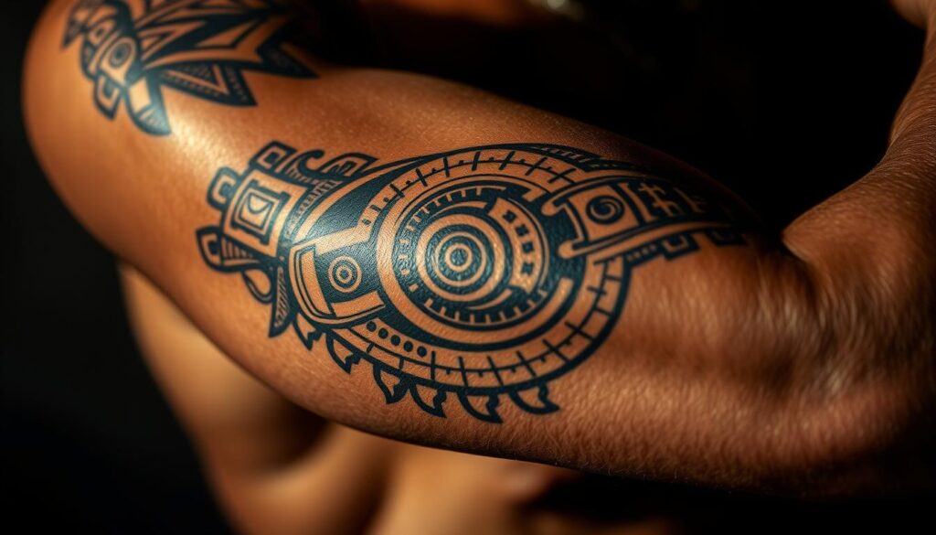 A detailed close-up shot of a muscular arm, the skin adorned with a captivating Aztec-inspired tattoo design. The tattoo features intricate geometric patterns, bold lines, and symbolic motifs in a dark, earthy color palette. The lighting is dramatic, casting dramatic shadows that accentuate the contours of the arm and the intricate details of the tattoo. The composition is framed to highlight the placement of the tattoo, showcasing how it wraps around the arm and flows seamlessly with the natural curves of the body. The overall mood is one of cultural significance, ancient heritage, and a reverence for traditional Aztec artistic expression.