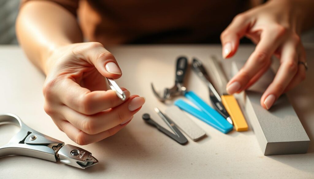 A detailed close-up shot of a person's hands delicately preparing acrylic nails for removal. The foreground shows a pair of well-manicured hands gently filing down the top layer of the acrylic nails, revealing the natural nail underneath. The middle ground showcases various nail care tools, such as nail clippers, cuticle pushers, and emery boards, neatly arranged on a clean, neutral-toned surface. The background is slightly blurred, creating a soft, focused atmosphere that emphasizes the intricate process. Warm, natural lighting illuminates the scene, casting subtle shadows and highlighting the texture of the materials. The overall mood is one of precision, care, and attention to detail, perfectly capturing the "Preparing Your Nails for Removal" step. A detailed close-up shot of a person's hands delicately preparing acrylic nails for removal. The foreground shows a pair of well-manicured hands gently filing down the top layer of the acrylic nails, revealing the natural nail underneath. The middle ground showcases various nail care tools, such as nail clippers, cuticle pushers, and emery boards, neatly arranged on a clean, neutral-toned surface. The background is slightly blurred, creating a soft, focused atmosphere that emphasizes the intricate process. Warm, natural lighting illuminates the scene, casting subtle shadows and highlighting the texture of the materials. The overall mood is one of precision, care, and attention to detail, perfectly capturing the "Preparing Your Nails for Removal" step.