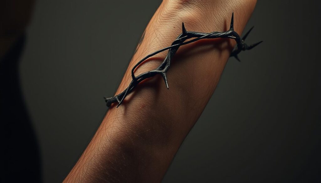 A detailed close-up shot of a realistic crown of thorns tattoo on a male's arm, with intricate thorns winding around the skin, casting dramatic shadows. The tattoo should have a raw, weathered appearance, conveying a sense of pain and sacrifice. The background should be a neutral, muted tone, allowing the tattoo design to be the focal point. Lighting should be dramatic, with a mix of harsh shadows and soft highlights, creating depth and texture. The overall mood should be solemn and contemplative, reflecting the religious symbolism of the crown of thorns.
