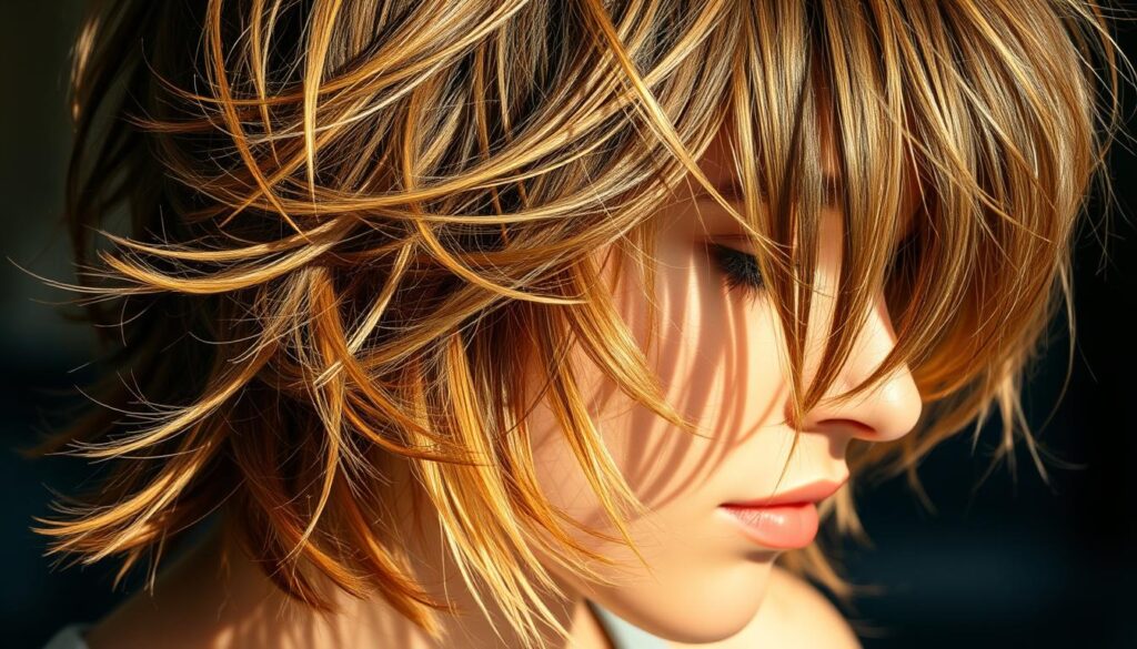 A detailed close-up shot of a woman's layered hairstyle, showcasing the dimensional texture and depth. The hair is styled in a modern wolf cut, with wispy, feathered layers that frame the face and create a voluminous, cascading silhouette. Warm, natural lighting from the side casts soft shadows, accentuating the varied lengths and angles of the strands. The focus is sharp, capturing the individual wisps and subtle highlights that give the hairstyle a dynamic, lived-in appearance. The background is blurred, keeping the attention solely on the intricate, multi-faceted haircut.