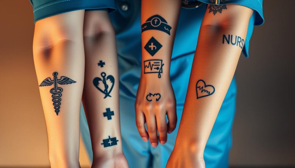 A detailed close-up shot of diverse nursing profession tattoos, including symbolic motifs such as the caduceus, heart rate monitors, and nursing caps, captured in a soft, warm lighting setup. The tattoos are displayed on the forearms, wrists, and hands of nurses against a muted, out-of-focus background, conveying a sense of professionalism and personal expression within the healthcare field. The image has a crisp, realistic style with a focus on the intricate linework and shading of the tattoo designs, showcasing the artistry and significance of these body modifications among nursing practitioners.