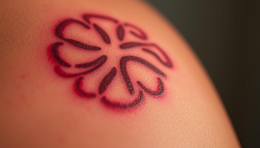 A detailed close-up view of a healing tattoo on deeply toned skin, showcasing the intricate patterns and shades of red, pink, and brown. The tattoo appears to be in the later stages of recovery, with a slight raised texture and a glistening, hydrated appearance. The skin surrounding the tattoo is slightly reddened, indicating the ongoing healing process. The lighting is soft and diffused, creating a warm, natural ambiance that highlights the depth and richness of the skin tones. The composition emphasizes the tactile quality of the tattoo, inviting the viewer to imagine the sensation of the healing skin.