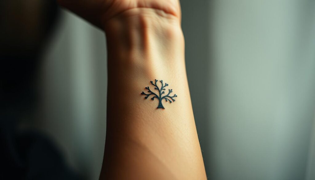 A detailed close-up view of a human arm, showcasing the placement of a small family tree tattoo design. The tattoo is situated just above the wrist, with delicate branching lines and subtle shading to depict the family lineage. The skin texture appears lifelike, with a slight reddish hue suggesting freshly applied ink. The lighting is soft and diffused, creating a warm, intimate atmosphere that highlights the personal, meaningful nature of the tattoo. The composition emphasizes the tattoo's placement, providing a clear, unobstructed view of this thoughtfully chosen body art location.