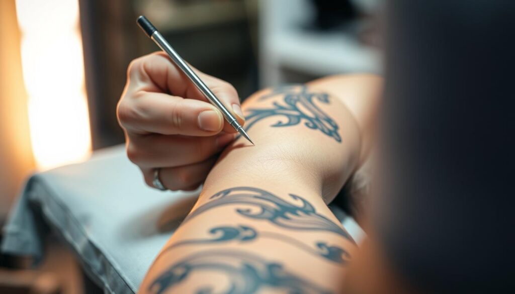 A detailed close-up view of a sleeve tattoo process. The foreground shows a tattoo artist's hand carefully applying ink to a person's arm, with the needle carefully tracing intricate line work. The middle ground reveals the tattoo-ee's arm resting on a sterile, well-lit table, the skin taut and ready for the next stage of the design. The background is blurred, emphasizing the focus on the technical precision of the tattooing. The scene is captured with a shallow depth of field and soft, diffused lighting, conveying a sense of intimacy and professionalism in the tattoo studio setting.