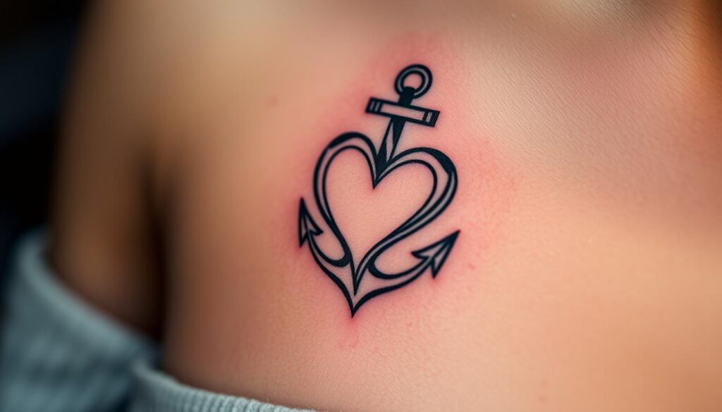 A detailed, close-up view of a symbolic tattoo design featuring a heart and anchor motif. The heart is rendered in a stylized, abstract form, with intricate linework and shading to convey a sense of depth and dimension. The anchor is seamlessly integrated into the heart, creating a unified, visually striking composition. The tattoo is depicted against a muted, textured background, with subtle highlights and shadows to create a sense of depth and realism. The overall tone is one of thoughtful contemplation and personal significance, reflecting the thematic focus on meaningful symbolic tattoos for mothers.
