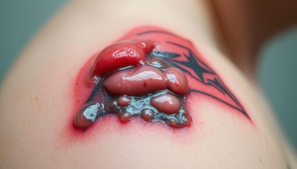 A detailed, close-up view of an infected tattoo, showcasing the signs of irritation and inflammation. The skin around the tattoo is red, swollen, and visibly weeping with a clear, pus-like discharge. The tattoo lines appear blurred and distorted, with a raised, uneven texture. The lighting is soft and natural, highlighting the textural details of the infected skin. The focus is sharp, capturing the intricate details of the inflamed tattoo against a blurred, neutral background, emphasizing the problematic nature of the condition.