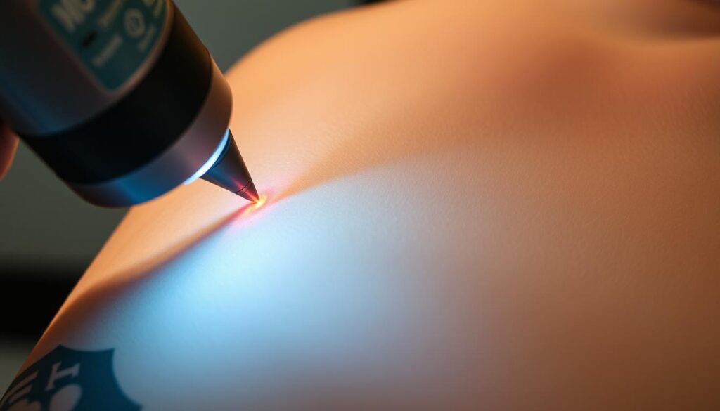 A detailed close-up view of the tattoo removal process, showcasing the intense laser treatment on a person's skin. The foreground features the laser device carefully gliding over the tattooed area, emitting a bright, focused beam that visibly interacts with the pigment. The middle ground shows the skin's reaction, with a subtle reddening and slight swelling as the laser breaks down the ink. The background is hazy, blurred, creating a sense of clinical focus on the procedure. Soft, directional lighting casts subtle shadows, emphasizing the skin's texture and the laser's precision. The overall mood is one of a professional, medical setting, with a sense of tension and anticipation as the tattoo is gradually removed.