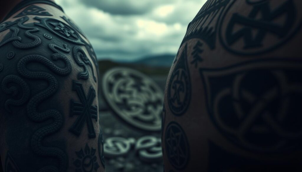 A detailed close-up view of various Viking tattoo symbols carved into weathered, rugged skin. The foreground features intricate patterns of intertwined serpents, runes, and Nordic knots rendered in a dark, moody palette. The middle ground showcases symbolic imagery like the Vegvísir compass, Mjolnir hammers, and Valknut trinity knots. The background subtly hints at a stormy, overcast sky with muted tones, creating a somber, powerful atmosphere. Captured with a shallow depth of field and dramatic low-key lighting to accentuate the textures and shadows of the tattoos, conveying the stoic, warrior-like nature of these ancient Nordic designs.
