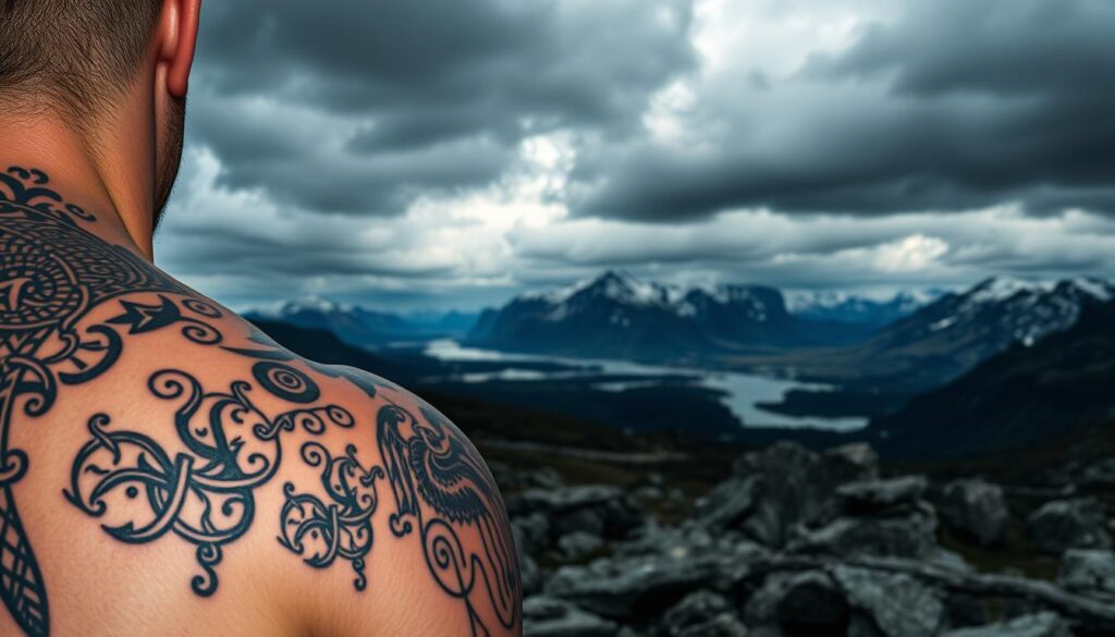 A detailed collection of Viking-inspired tattoo designs, showcased against a rugged backdrop of ancient Nordic landscapes. The foreground features an ornate selection of interlocking patterns, runes, and mythological symbols emblazoned on the skin, conveying the warrior spirit and ancestral heritage of the Norse culture. The middle ground depicts moody, overcast skies with dramatic lighting, casting an atmospheric, mystical tone. In the background, majestic fjords, snow-capped mountains, and sweeping vistas evoke the harsh, yet awe-inspiring natural beauty of the Viking homeland. The overall impression is one of a timeless, powerful, and visually striking Viking aesthetic, suitable for those seeking to channel the indomitable spirit of the Norse warriors through their body art.