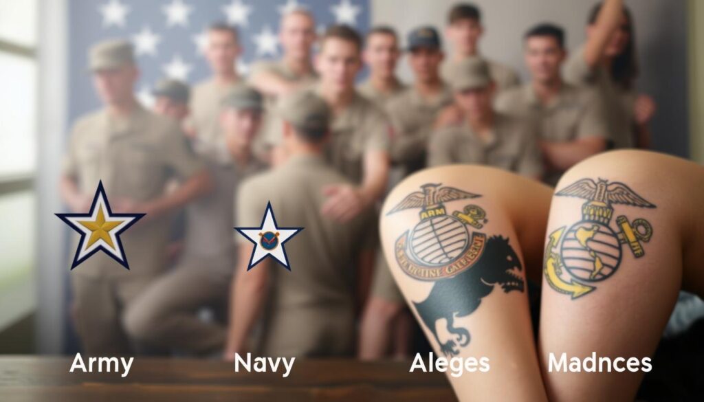 A detailed comparison of military branch tattoo policies, displayed against a muted, patriotic backdrop. In the foreground, distinct tattoo designs representing the Army, Navy, Air Force, and Marines, each showcased with precise linework and vivid color. The middle ground features a blurred collage of service members, their ink visible as a testament to their commitment. The background is a softly lit, American flag-inspired gradient, evoking a sense of national pride. The overall composition strikes a balance between the specificity of the tattoo designs and the broader themes of military service and identity.