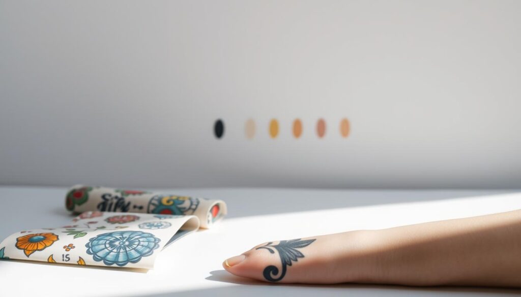 A detailed comparison of temporary tattoos with varying lifespans. A clean, modern, minimalist composition. In the foreground, a set of temporary tattoos in diverse designs and colors, arranged neatly. In the middle ground, a simple background showcasing the gradual fading of the tattoos over time, from vibrant to faded. Soft, natural lighting casts gentle shadows, emphasizing the textural details. The overall mood is one of informative clarity, highlighting the transient nature of temporary tattoos. The image conveys a sense of time passage without distracting elements, allowing the viewer to focus on the central comparison.