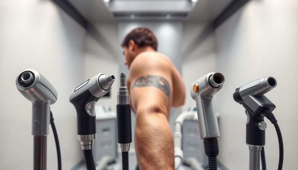 A detailed comparison of various tattoo removal procedures, showcased in a sleek, clinical setting. In the foreground, a close-up view of different laser devices and their handpieces, highlighting the advanced technology used in the process. In the middle ground, a person's arm with a partially faded tattoo, demonstrating the results of the procedures. The background features a minimalist, well-lit medical environment with clean, white walls and stainless steel surfaces, conveying a sense of professionalism and expertise. Soft, directional lighting casts subtle shadows, emphasizing the precision and care taken during the treatments. The overall tone is informative, visually striking, and tailored to the article's subject matter.