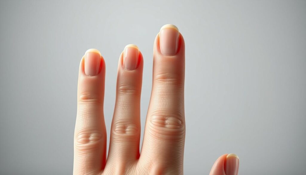 A detailed cross-section comparison of nail growth rates over time, showcased through a realistic, scientifically-accurate medical illustration. The foreground features a close-up view of a human hand, with nails in various stages of growth, displayed side-by-side to highlight the gradual progression. The middle ground incorporates a clean, minimalist background, allowing the nail detail to take center stage. Subtle, directional lighting from the left casts soft shadows, emphasizing the texture and contours of the nails. The overall mood is informative and educational, with a clinical, yet visually striking aesthetic suitable for a medical publication.