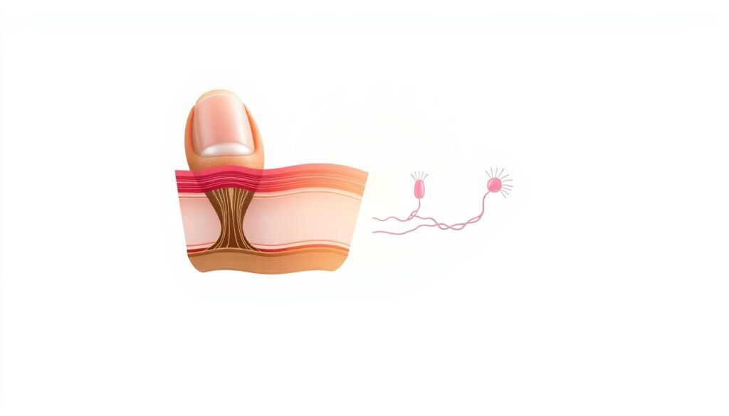 A detailed cross-section illustration of the nail growth cycle, showcased against a minimalist white background. In the foreground, the nail plate is prominently displayed, revealing the intricate layers of the nail bed, matrix, and root. The middle ground highlights the process of keratin production and cell division, visualized through delicate anatomical structures. In the background, a soft, ethereal lighting gently illuminates the scene, creating a sense of scientific clarity and precision. The overall composition is clean, balanced, and designed to educate and inform the viewer about the complex mechanisms behind healthy nail growth.