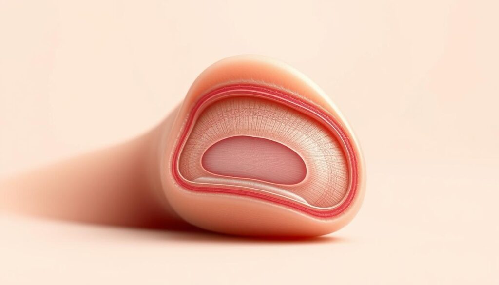 A detailed cross-section of a human fingernail, showcasing its intricate structure and the process of growth. The nail bed is prominently displayed, revealing the matrix, lunula, and nail plate in vivid detail. The image is rendered with high-definition photorealism, using soft, natural lighting to accentuate the subtle textures and gradients of the nail's anatomy. The background is a clean, neutral tone, allowing the viewer to focus on the nail's complex yet elegant design. The overall composition strikes a balance between scientific accuracy and aesthetic appeal, suitable for illustrating the section on "Understanding Nail Growth and Structure" in the article. A detailed cross-section of a human fingernail, showcasing its intricate structure and the process of growth. The nail bed is prominently displayed, revealing the matrix, lunula, and nail plate in vivid detail. The image is rendered with high-definition photorealism, using soft, natural lighting to accentuate the subtle textures and gradients of the nail's anatomy. The background is a clean, neutral tone, allowing the viewer to focus on the nail's complex yet elegant design. The overall composition strikes a balance between scientific accuracy and aesthetic appeal, suitable for illustrating the section on "Understanding Nail Growth and Structure" in the article.