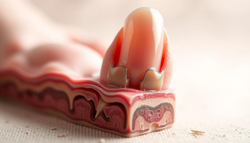 A detailed cross-sectional view of the nail matrix anatomy, depicted with scientific accuracy and visual clarity. The foreground showcases the intricate structure of the nail root, nail bed, and surrounding tissues, rendered in precise anatomical detail. The middle ground highlights the nail plate, with its distinctive translucent and curved appearance. The background features a softly blurred, neutral-toned environment, allowing the primary subject to take center stage. The lighting is soft and diffused, creating a sense of depth and dimension, while the lens captures the scene with a close-up, macro-like perspective to emphasize the fine-grained details. The overall mood is one of scientific illustration, conveying the technical aspects of nail growth and structure.