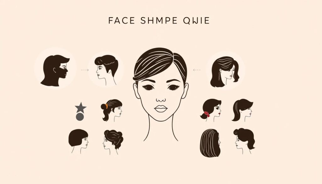 A detailed face shape guide with a stylized hairstyle diagram, showcasing different head and hair silhouettes. The image has a minimalist, elegant aesthetic with a neutral color palette and clean lines. The foreground features a central facial outline diagram with various hairstyle options highlighted, presented in a visually organized layout. The middle ground includes complementary abstract shapes and patterns that frame the face diagram, adding visual interest. The background is a soft, muted gradient that provides a calming, studio-like environment. Crisp, even lighting casts subtle shadows, emphasizing the dimensional aspects of the hairstyles. The overall composition is balanced, visually striking, and effectively communicates the concept of finding the right hairstyle for different face shapes.