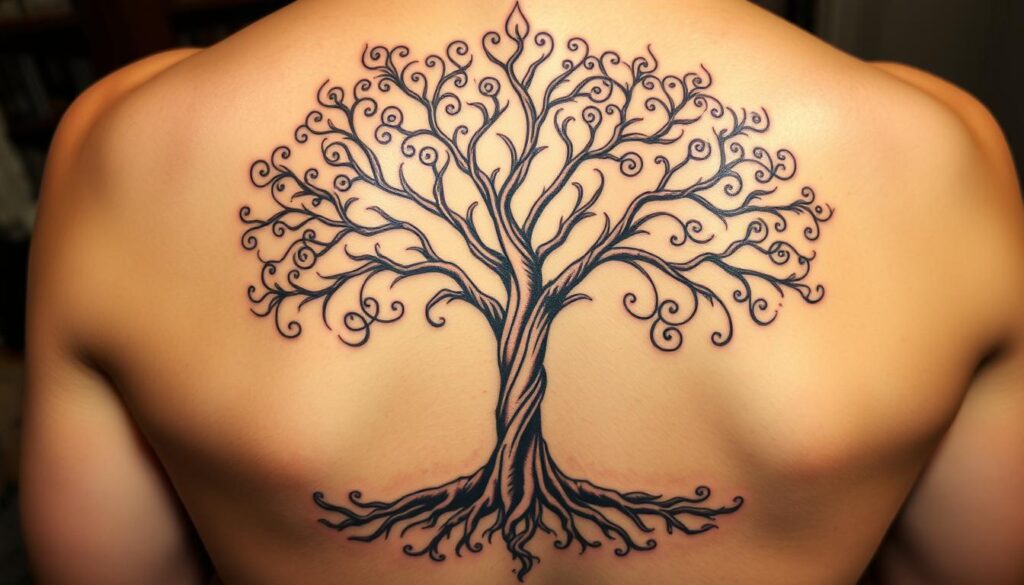 A detailed family tree tattoo design in a realistic style, featuring intricate branch patterns with elegant flourishes, rendered in a warm, earthy palette. The design is arranged in a balanced, symmetrical composition, with the tree's roots extending from the bottom and its branches reaching upwards, creating a sense of growth and connection. The tattoo is depicted as if it were inked on human skin, with realistic skin texture and subtle shading to convey depth and dimensionality. The overall impression is one of a timeless, meaningful piece of body art that celebrates family heritage and lineage.