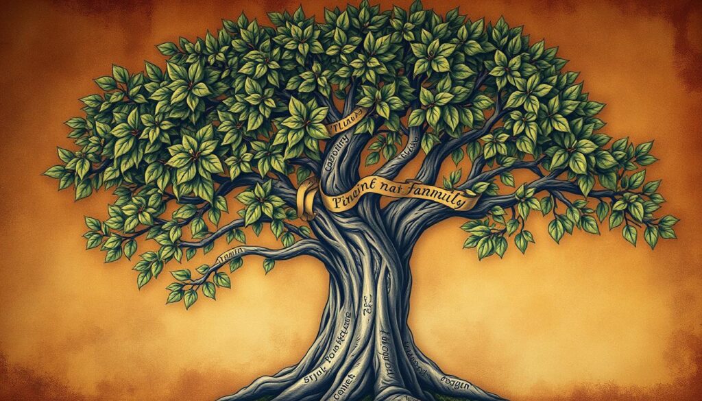 A detailed family tree tattoo design with lush, realistic foliage against a warm, rustic background. The tree's branches extend gracefully, each leaf and twig meticulously rendered. The trunk is weathered and gnarled, conveying the passage of time. Intricate calligraphic script winds through the branches, depicting names and dates in an elegant, heirloom-like fashion. Soft, diffused lighting bathes the scene, evoking an intimate, nostalgic atmosphere. The overall composition suggests the deep personal significance and enduring legacy of familial connections.