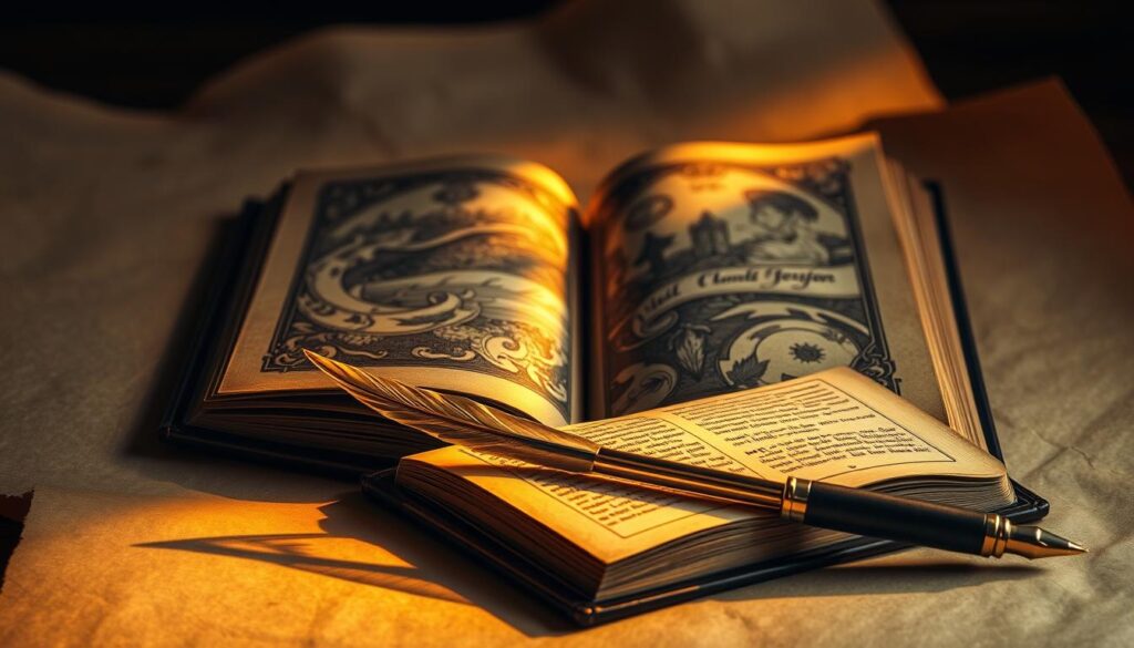 A detailed, finely-crafted book tattoo design, featuring an open book with richly illustrated pages. The book's cover is a dark, weathered leather, with intricate embossed patterns. Rays of warm, golden light illuminate the pages, casting a cozy, contemplative mood. In the foreground, a quill pen rests on the open book, casting a soft, calligraphic shadow. The background is a softly-blurred, textured paper or parchment, hinting at the literary origins of the design. The overall palette is a harmonious blend of deep browns, ochres, and muted grays, creating a sophisticated, timeless aesthetic.
