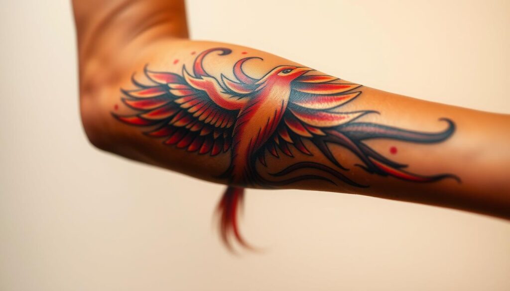 A detailed forearm sleeve tattoo featuring a captivating design that wraps around the entire lower arm. The tattoo depicts a majestic phoenix, its wings spread wide and feathers flowing gracefully. The phoenix's fiery red and orange hues contrast beautifully against the subject's tanned skin. The tattoo is rendered with precise linework, realistic shading, and a sense of depth that makes it appear three-dimensional. The lighting is soft and warm, highlighting the intricate details and creating a striking visual impact. Captured from a medium-close angle, the image showcases the full extent of the sleeve tattoo design in all its glory.