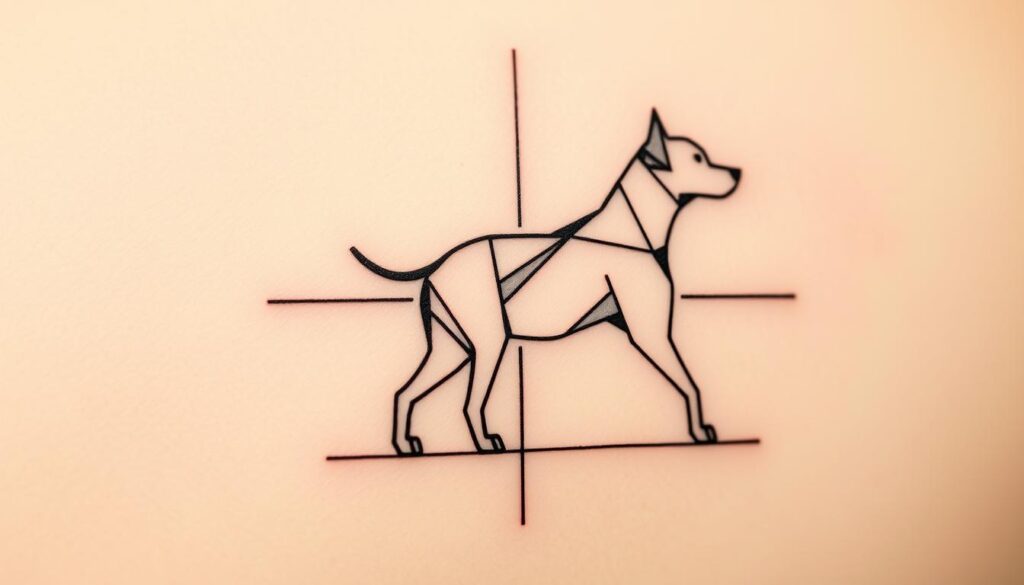 A detailed geometric dog memorial tattoo design, featuring a minimalist silhouette of a canine form in a bold, angular style. The tattoo is set against a backdrop of clean, linear patterns and shapes, creating a sense of balance and symmetry. The lines and angles are sharp and precise, reflecting the solemn and contemplative nature of the memorial. The overall composition conveys a sense of strength, resilience, and a tribute to the loyal and beloved companion. Soft, diffused lighting illuminates the tattoo, highlighting the intricate details and creating a serene, thoughtful atmosphere.