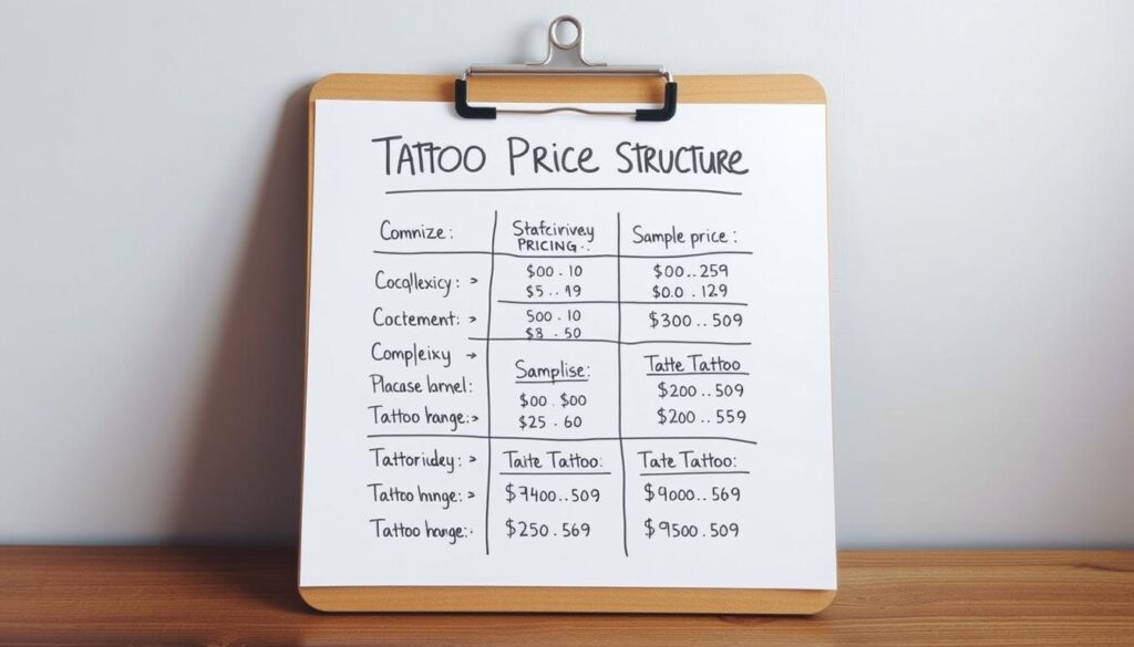 A detailed, hand-drawn illustration of various tattoo pricing structures, presented on a wooden clipboard against a neutral background. The foreground features a clear breakdown of common pricing factors such as size, complexity, placement, and artist experience level. The middle ground showcases sample price ranges for different tattoo styles and sizes. The background subtly hints at a tattoo parlor setting, with a minimalist aesthetic and soft, directional lighting that emphasizes the informative nature of the illustration.