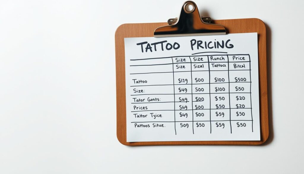 A detailed, hand-drawn tattoo pricing chart displayed on a wooden clipboard. The chart outlines various tattoo sizes and their corresponding price ranges, presented in a clear and organized manner. The clipboard is set against a plain, neutral-toned background, allowing the pricing information to be the focal point. The lighting is soft and natural, creating a warm and inviting atmosphere. The overall composition emphasizes the informative and educational nature of the subject, making it suitable for use in an article about understanding tattoo pricing structures.