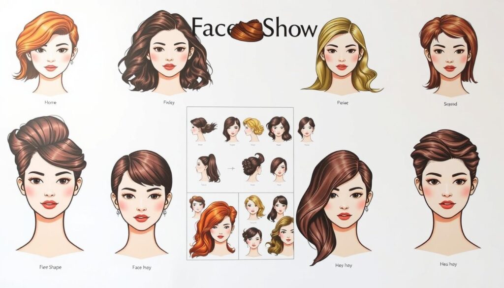 A detailed, high-quality illustration of a "face shape hairstyle guide" showcasing various hairstyles that complement different facial shapes. The image features a minimalist, elegant layout with a clean, white background. In the foreground, there are several stylized portraits of diverse faces, each accompanied by a corresponding hairstyle that accentuates the unique features of that face shape. The portraits are rendered with a soft, realistic style, capturing the natural contours and expressions of the subjects. The middle ground includes a grid-like arrangement of smaller, secondary hairstyle visuals, providing a comprehensive reference for the viewer. The lighting is soft and diffused, creating a sense of depth and dimension. The overall mood is informative, visually striking, and designed to help the viewer understand how to choose the most flattering hairstyle for their face shape.