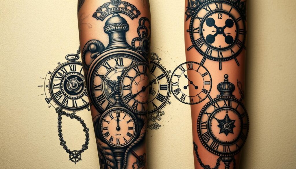 A detailed, high-resolution image of several classic clock tattoo designs, arranged in a visually compelling composition. The tattoos feature intricate mechanisms, antique clock faces, and decorative elements like gears, chains, and Roman numerals, rendered in a variety of styles and shading techniques. The designs are showcased against a neutral, slightly textured background that allows the tattoos to stand out and be the focal point. The lighting is soft and directional, creating depth and highlighting the dimensional qualities of the tattoo artwork. The overall tone is one of sophistication, timelessness, and artistic craftsmanship.