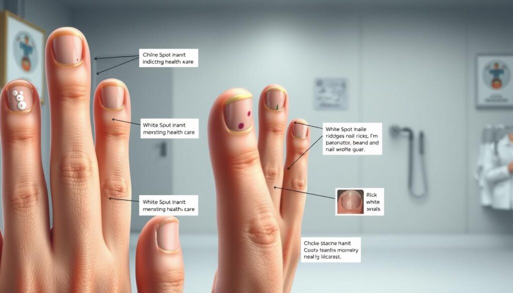 A detailed, high-resolution, medical illustration showcasing various nail conditions indicating underlying health issues. The foreground depicts a close-up of human hands with nails displaying distinct markings and discolorations, such as white spots, ridges, and discoloration. The middle ground provides explanatory labels and captions describing the medical significance of each nail abnormality. The background features a muted, clinical setting with subtle medical imagery, creating a sense of authority and professionalism. The lighting is soft and directional, highlighting the textural details of the nails. The composition emphasizes the informative nature of the image, guiding the viewer's attention to the key diagnostic indicators. A detailed, high-resolution, medical illustration showcasing various nail conditions indicating underlying health issues. The foreground depicts a close-up of human hands with nails displaying distinct markings and discolorations, such as white spots, ridges, and discoloration. The middle ground provides explanatory labels and captions describing the medical significance of each nail abnormality. The background features a muted, clinical setting with subtle medical imagery, creating a sense of authority and professionalism. The lighting is soft and directional, highlighting the textural details of the nails. The composition emphasizes the informative nature of the image, guiding the viewer's attention to the key diagnostic indicators.