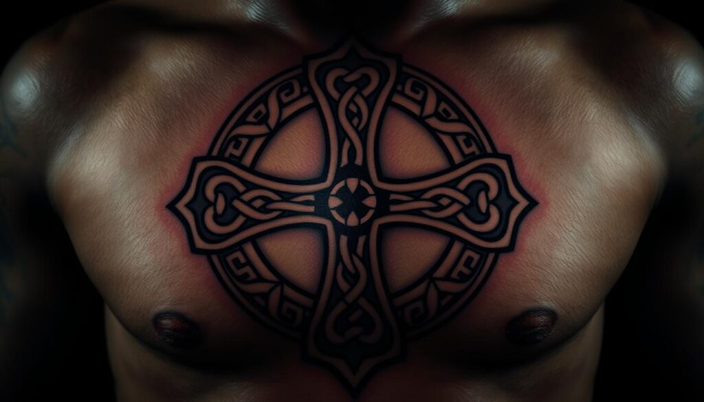 A detailed, highly realistic Celtic cross tattoo design, featuring intricate knots and patterns. The cross is prominently displayed in the center, surrounded by a halo of spiraling Celtic knotwork motifs. The tattoo is rendered in a moody, dramatic lighting, with deep shadows and highlights accentuating the textures and contours of the design. The overall mood is one of ancient, mystical power, evoking the rich cultural heritage of Celtic art and symbolism. The image is captured from a slightly elevated angle, showcasing the tattoo in a bold, visually striking composition.