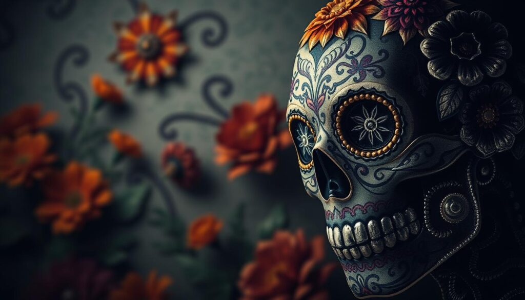 A detailed, hyper-realistic Day of the Dead tattoo design featuring a vibrant, intricately patterned sugar skull on the foreground. The skull is adorned with intricate floral motifs, delicate lace-like designs, and shimmering metallic accents that catch the light. In the middle ground, a subtle background of traditional Mexican marigold flowers and decorative elements evokes the celebratory spirit of the holiday. Moody, dramatic lighting casts deep shadows and highlights the textural, almost three-dimensional quality of the tattoo design. The overall composition conveys a sense of reverence, elegance, and the rich cultural heritage of the Day of the Dead tradition.