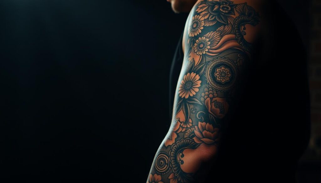 A detailed, hyper-realistic sleeve tattoo composed of various filler designs, showcased against a dimly lit, atmospheric background. The tattoo features a seamless blend of intricate patterns, bold lines, and subtle shading, creating a visually striking and cohesive composition. The lighting is soft and directional, highlighting the depth and texture of the tattoo work. The angle is slightly angled, allowing the viewer to appreciate the full breadth and artistry of the sleeve design. The overall mood is one of a sophisticated, moody, and artistic tattoo showcase.
