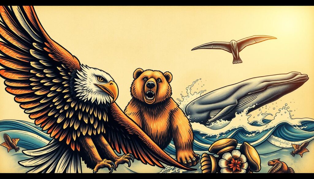 A detailed illustration of American traditional animal tattoos, showcasing their symbolic meanings. In the foreground, a large, bold eagle with outstretched wings, its feathers meticulously rendered. In the middle ground, a fierce grizzly bear, its paws raised in a protective stance. In the background, a majestic whale breaching the waves, its tail splashing water. The scene is bathed in a warm, golden light, creating a sense of timeless, rugged American iconography. The tattoos are depicted with a vintage, hand-drawn aesthetic, emphasizing their deep cultural significance. The composition is balanced and visually striking, capturing the essence of American traditional animal tattoo symbolism.