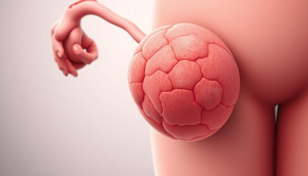 A detailed illustration of a large, irregular-shaped fibroid protruding from the uterus against a neutral, softly lit medical background. The fibroid should have a distinctive, bumpy texture and a reddish-pink hue, conveying a sense of its substantial size and potential risk. The image should be captured from a slightly elevated angle, providing a clear view of the fibroid's size and its relationship to the surrounding uterine structure. The overall mood should be one of clinical objectivity, with a focus on the medical significance of the fibroid's dimensions.