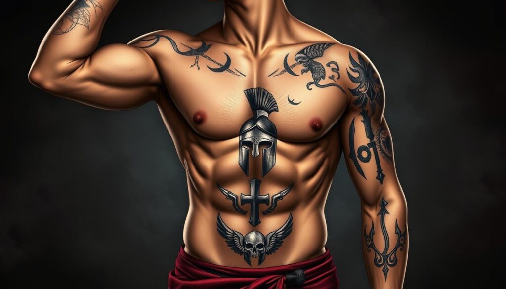 A detailed illustration of various placement options for a classic Spartan warrior tattoo, showcased against a moody, dramatic backdrop. The image should depict a male torso in a natural, life-like pose, highlighting the key areas where a Spartan-themed tattoo could be situated, such as the bicep, shoulder, chest, back, or leg. The tattoo design should feature iconic Spartan elements like the Corinthian helmet, the lambda symbol, or a Spartan shield, rendered in a bold, expressive style that captures the warrior spirit. The lighting should be dramatic, with deep shadows and highlights that accentuate the muscular anatomy and the intricate tattoo artwork. The overall composition should be visually striking and inspire the viewer to consider the best placement for their own Spartan-inspired body art.
