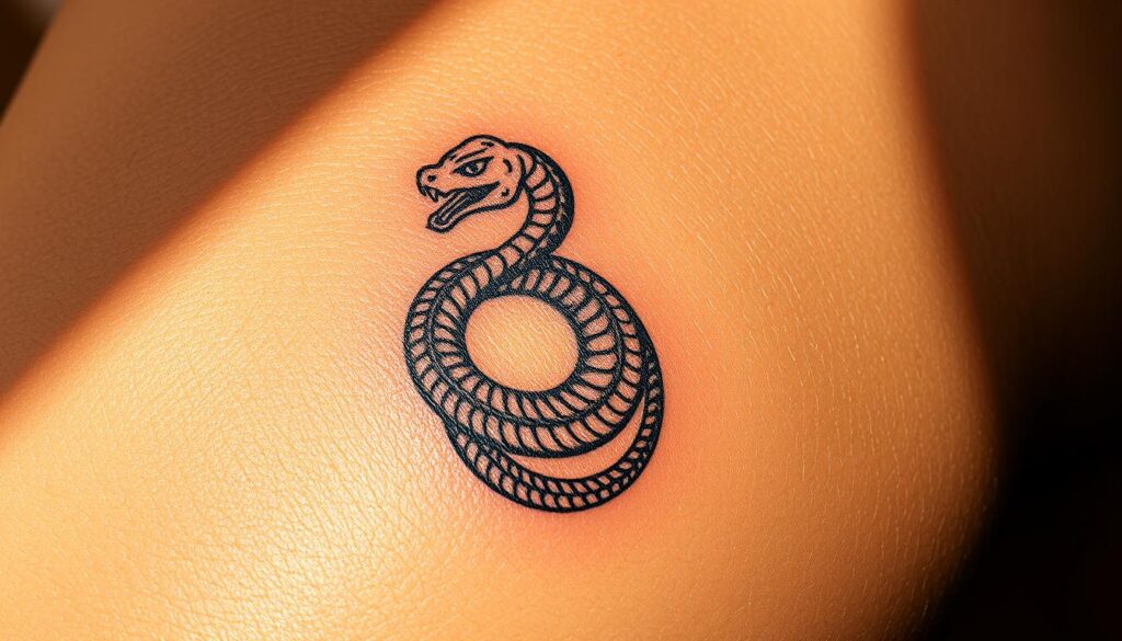 A detailed, intricate Ouroboros tattoo design, featuring the ancient symbol of the serpent eating its own tail, representing the eternal cycle of life, death, and rebirth. The tattoo is depicted as a finely-etched, dark outline on a tanned, weathered skin surface, casting subtle shadows that accentuate the contours. The serpent's body wraps gracefully around itself, its scales delicately rendered with a sense of organic fluidity. The overall composition is balanced and symmetrical, exuding a sense of timeless, mystical significance. The lighting is soft and natural, creating a moody, contemplative atmosphere that befits the powerful symbolism of the Ouroboros.