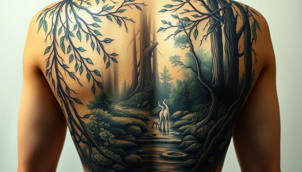 A detailed, intricate back tattoo design featuring a serene, ethereal forest landscape. In the foreground, delicate, flowing leaves and branches intertwine, casting a soft, dappled light across the skin. In the middle ground, a tranquil stream winds through the lush greenery, with a pair of graceful, mystical creatures drinking from its waters. The background depicts a towering, ancient forest, its tall trees reaching up towards a hazy, golden sky. The overall composition creates a sense of natural harmony and inner peace, perfectly suited for a prominent, eye-catching back tattoo.