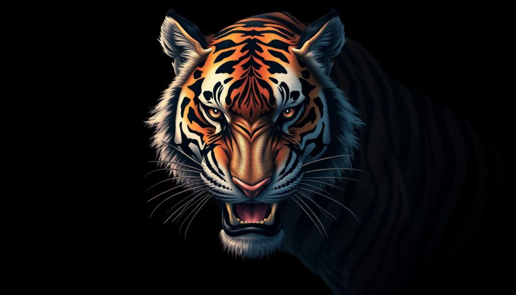 A detailed, intricate tiger tattoo design with a fierce, majestic presence. The tiger's face is the focal point, rendered in photorealistic detail with piercing eyes, sharp fangs, and a powerful expression. The body is covered in a pattern of bold, dynamic stripes that seem to flow and move across the skin. Highlighted by dramatic, moody lighting that casts deep shadows, creating a sense of depth and dimension. The overall composition is balanced and visually striking, showcasing the tiger's raw, untamed power and symbolic significance.