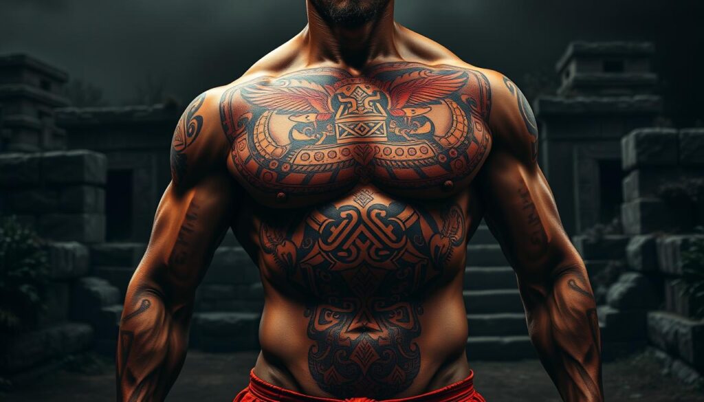 A detailed, intricately carved Aztec tattoo design covering the torso of a muscular, athletic figure. The tattoo features a striking symmetrical pattern of stylized animal motifs, geometric shapes, and symbolic glyphs in a rich, earthy color palette of reds, oranges, and ochres. The figure is posed in a powerful, dynamic stance, with dramatic chiaroscuro lighting that casts dramatic shadows, emphasizing the three-dimensional qualities of the tattoo. The background is a somber, muted landscape of stone ruins and foliage, evoking the ancient Aztec civilization. An aura of reverence and cultural heritage permeates the scene.