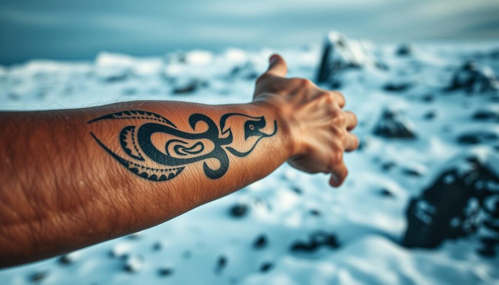 A detailed, intricately patterned Inuit tattoo design adorns the weathered skin of an elder's forearm, set against a backdrop of a rugged, snow-covered Arctic landscape. The tattoo's sinuous lines and geometric shapes hold deep cultural significance, reflecting the Inuit's connection to nature and their spiritual beliefs. Soft, diffused lighting illuminates the tattoo's delicate linework, casting subtle shadows that accentuate its depth and texture. The overall scene conveys a sense of timelessness and the enduring legacy of this ancient art form, evoking the historical significance and cultural richness of Inuit tattoo traditions.