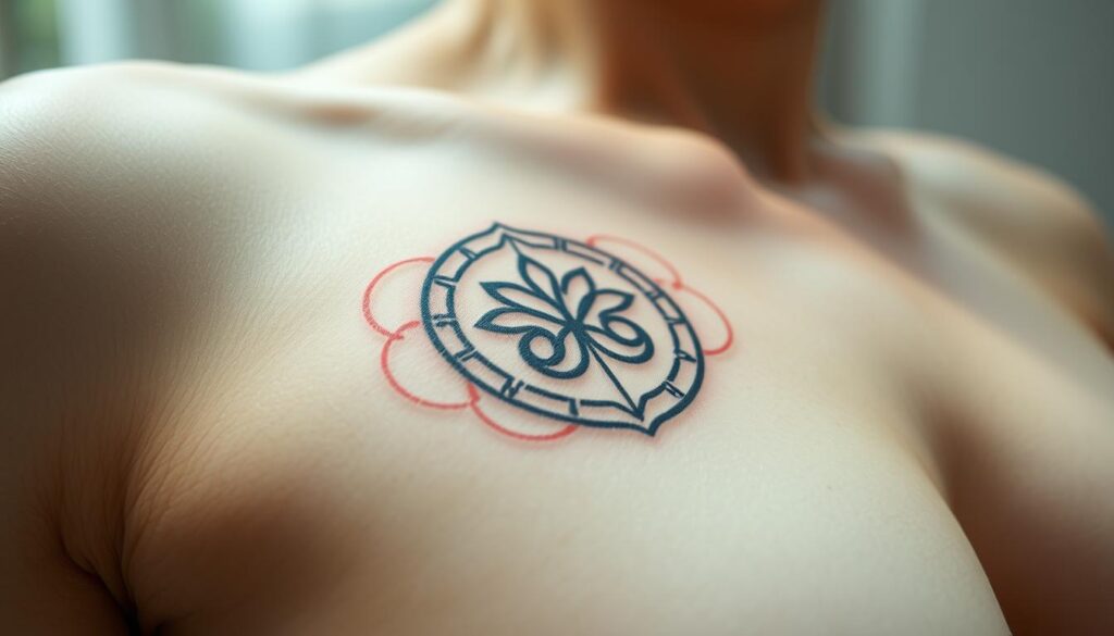 A detailed, labeled skin layer diagram of a temporary tattoo, showcasing the epidermis, dermis, and subcutaneous tissue. The tattoo design should be prominently featured, with a clear delineation of how it sits within the various skin layers. Soft, natural lighting illuminates the skin, creating a subtle, informative presentation. The perspective should be slightly angled, providing depth and clarity. The overall mood is one of clinical precision and educational focus, without extraneous details that could distract from the central subject matter.